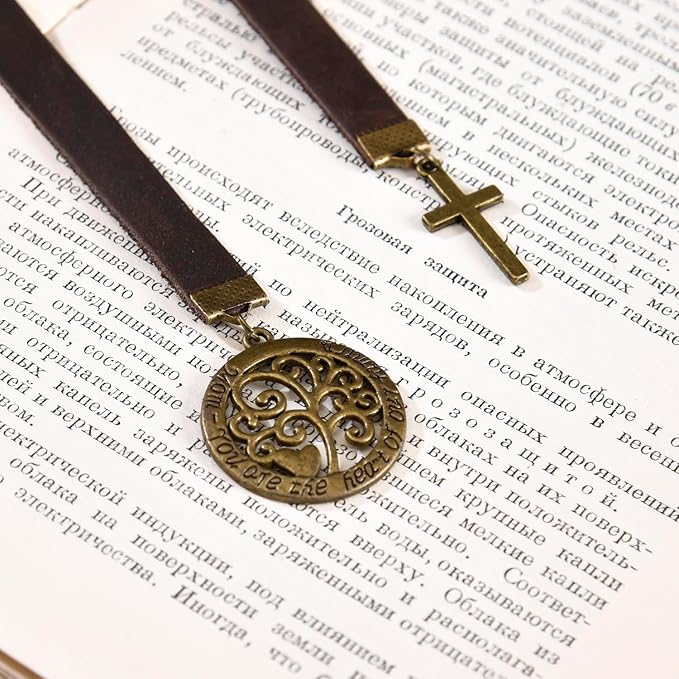 Bookmarks, Handmade Retro Cross Tree of Life Bible Bookmark with Long Leather Straps, Christian Saint Book Mark, Ideal Christian Gift (Style 15)