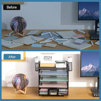 5-Tier Letter Tray Desk Organizer with Drawer and Pen Holder, Mesh File Organizer with Handle, Office Supplies Document Paper Sorter Desk Organization for Home Office, Black