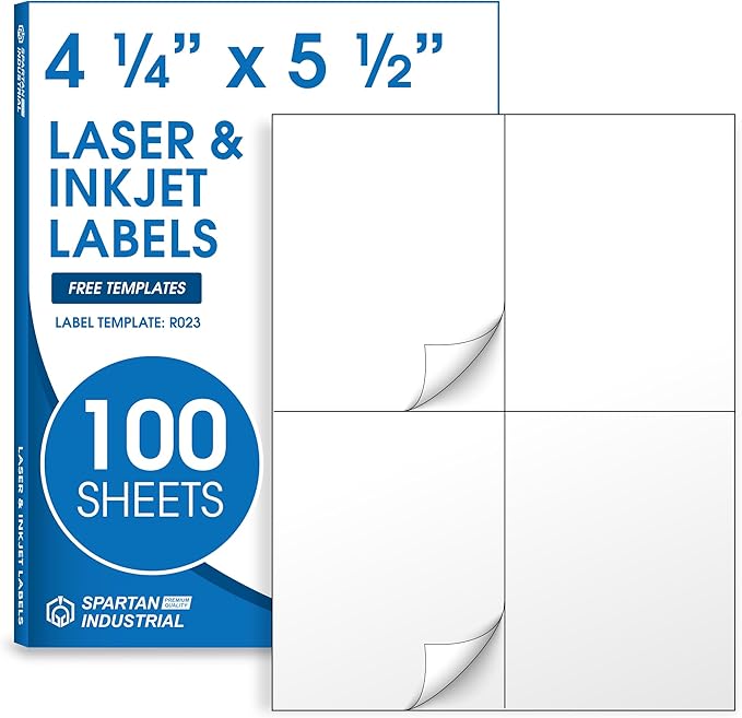 4.25" X 5.5" Matte White Shipping Labels Compatible with Inkjet and Laser Printers - 100 Sheets, 400 Total Printable Stickers for Mailing, Product Labeling, Organization - Spartan Industrial
