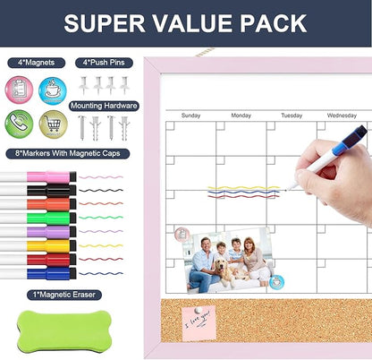 Dry Erase Calendar Cork Board Combo, 17"x13" Calendar Whiteboard for Wall, Magnetic White Board Monthly Calendar with Pink Wood Framed, Dry Erase Board for Planner Office Kitchen Home Memo
