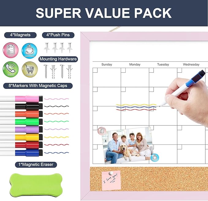Dry Erase Calendar Cork Board Combo, 17"x13" Calendar Whiteboard for Wall, Magnetic White Board Monthly Calendar with Pink Wood Framed, Dry Erase Board for Planner Office Kitchen Home Memo
