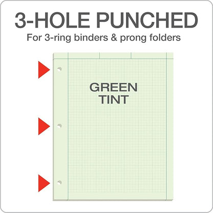 TOPS Engineering Notebooks, Graph Notebooks, 3 Pk Quad Ruled Pad, 8-1/2" x 11", Glue, 5 x 5 Graph Rule on Back, Green Tint Paper, 3-Hole Punched, 100 Sheets per Pad (35507A)