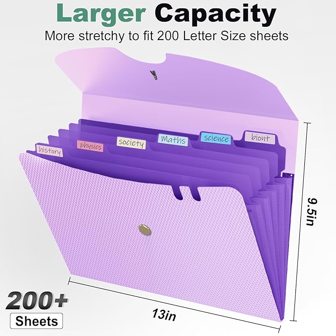 Sooez 7 Pocket Expanding File Folder, Premium Accordion File Organizer, Letter Size Folders for Documents, Sleek Filing Folders with Bungee Closure, Portable Folders for School Office Supplies, Purple