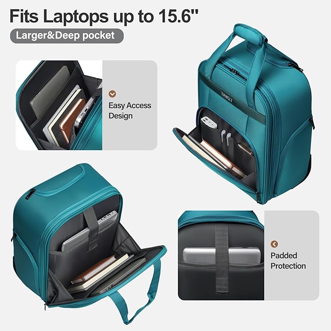 Personal Item 16-Inch Underseat Carry on Luggage With Wheels Lightweight Wheeled Underseater under seat bags for airplanes Upright 2 Wheel Teal Green