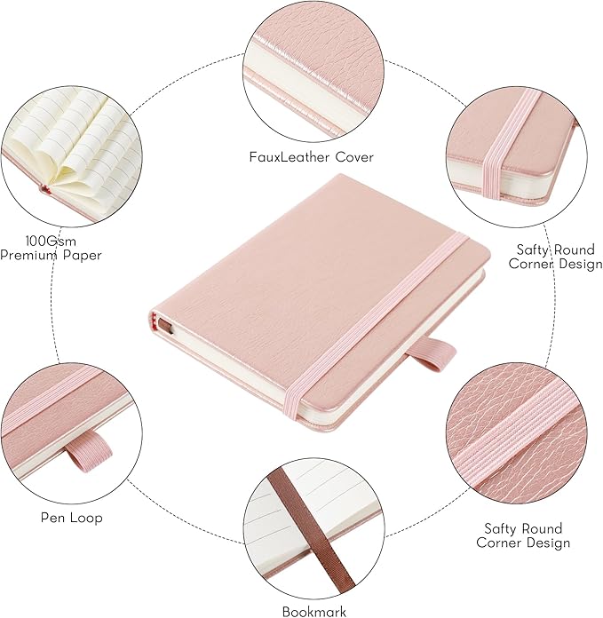 Animusphere 2Pack Pocket Notebook Small Notebook Journal Notebook 4 inches x 5.7 inches 200 Pages Leather Cover With Pen Holder Page Marker Ribbons (Rose Gold)
