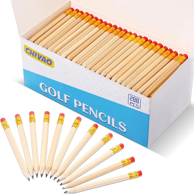 Chivao 288 Pieces Golf Mini Pencils Bulk with Eraser #2 HB Golf Short Pre Sharpened Pencils for Party Favors Office Supplies 4 Inch(Wood Color)