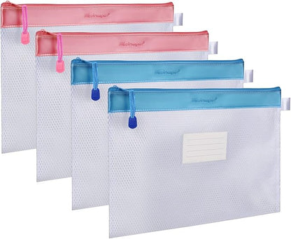Zipper Pouch, Wisdompro 4 Packs Durable Letter Size Waterproof Mesh File Bag, Document Organizer - Pink/Blue