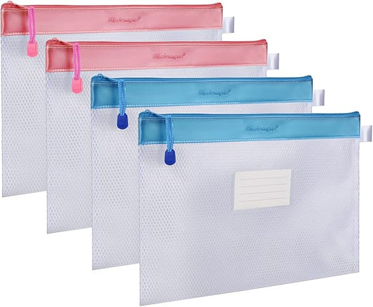 Zipper Pouch, Wisdompro 4 Packs Durable Letter Size Waterproof Mesh File Bag, Document Organizer - Pink/Blue
