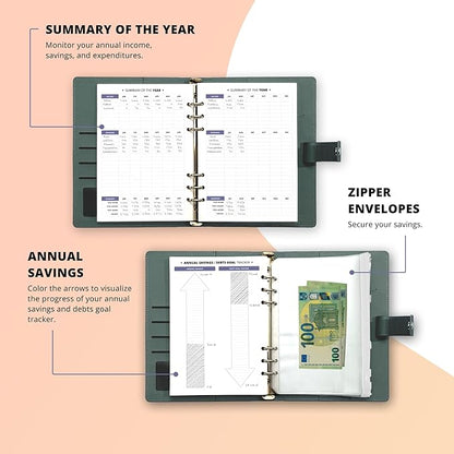 Budget Planner 12 Months Undated A5 Binder Pu Leather Hard Cover, Erasable Pen, Bill Organizer, Money Envelopes for Cash 12pcs Transparent Bags, Budget Binder with Silver Rings, Ideal Book Organizer