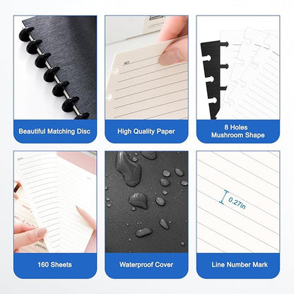 Discbound Notebook, 8-Disc Disbound Planner with Removable Pages, 180 Pages Spiral Notebook, Poly Cover Discbound Planner for Work, Travel, Note Taking(With Index Sticker),Black, A5