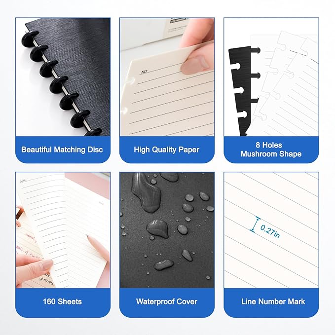 Discbound Notebook, 8-Disc Disbound Planner with Removable Pages, 180 Pages Spiral Notebook, Poly Cover Discbound Planner for Work, Travel, Note Taking(With Index Sticker),Black, A4