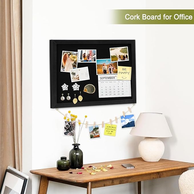 Double-Sided Black Cork Board with Linen, 24" x 18" Hanging Wood Framed Large Bulletin Board, Picture Display Vision Board Kit Corkboards for Wall Room School Office Decor, 20 Pushpins