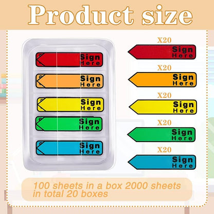 Teling 2000 Pcs/ 20 Packs Sign Here Sign Date Tabs Stickers Colored with Dispenser Arrow Flag Tabs with Dispenser Easy to Post for Notary Books Paper(Cute Style)