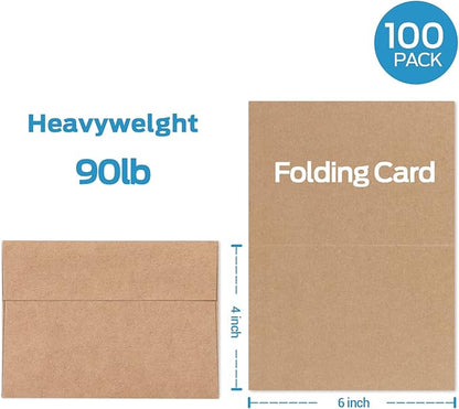 Blank Cards and Envelopes 100 Pack, Ohuhu 4 x 6 Heavyweight Kraft Paper Folded Cardstock and A4 Envelopes for DIY Greeting Cards, Wedding, Birthday, Invitations, Thank You Cards & All Occasions