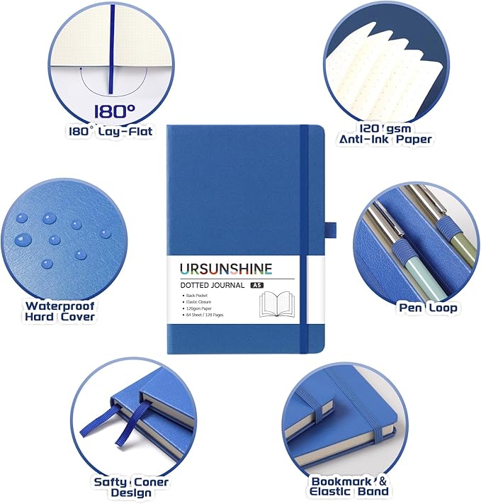 Dotted Journal/Notebook - Dot Grid Hard Cover Notebook, Premium Thick Paper with Fine Inner Pocket, Black Smooth Faux Leather, Pen Loop, 5.3'' x 8.26'' - Violet