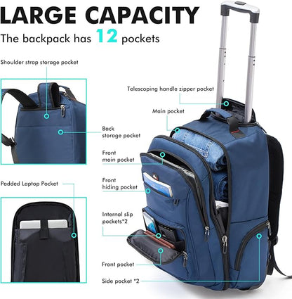 Rolling Backpack for Adults, 15.6 inch Laptop Wheeled Backpack, Travel Backpack with Wheels, Carry on Luggage Business Trolley Suitcase Computer Bag Men Women Blue