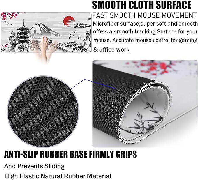 Japanese Landscape Large Mouse Pad, Large Extended Mouse Pad for Home Office Gaming Work 31.5x15.7inch, Big Computer Mousepad Waterproof Non-Slip Rubber Mice Pads Stitched Edges