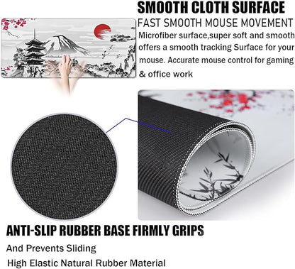 Japanese Landscape Large Mouse Pad, Large Extended Mouse Pad for Home Office Gaming Work 31.5x15.7inch, Big Computer Mousepad Waterproof Non-Slip Rubber Mice Pads Stitched Edges