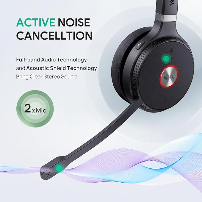 Yealink WH62 Portable Wireless Headset with DECT Dongle, Headset for Teams, Zoom Skype Certified, Office Work Headset with 2X Noise Cancelling Mic, 13 Call Time, 393 ft Range for Computer, Desk Phone