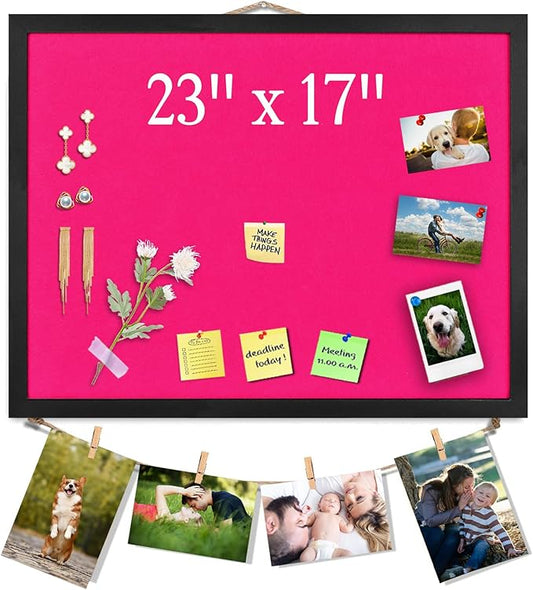 Large Bulletin Board Cork Boards Vision Board with Felt, 23"x17" Display Pin Board for Walls, Desk, Jewelry, Notes, Collection, Photos, Office, Black Framed and Pink Felt Board, 1pc