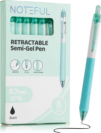 Retractable Semi Gel Pens Clicker, Fine Point 0.7 mm, Premium Comfort Grip for Smooth Writing Planner and School Supplies (Black, 1 Count (Pack of 8))