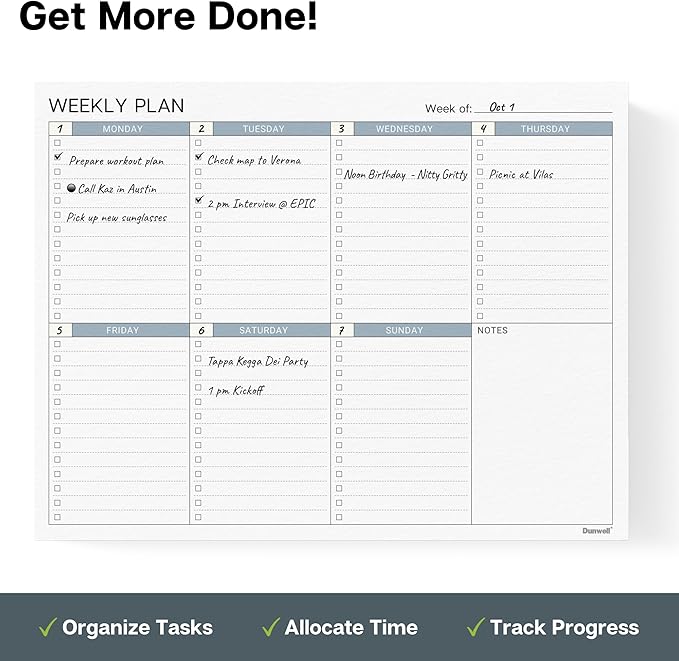 Dunwell Large Weekly Planning Pad, 8.5x11 Weekly To Do List, 54 Letter Size Tear-Off Pages, Undated Weekly Desk Planner Pad, Productivity Planner with 7-Day Checklist, Matching Notepad