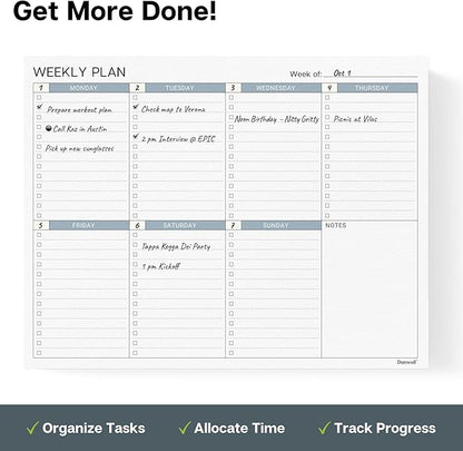 Dunwell Large Weekly Planning Pad, 8.5x11 Weekly To Do List, 54 Letter Size Tear-Off Pages, Undated Weekly Desk Planner Pad, Productivity Planner with 7-Day Checklist, Matching Notepad