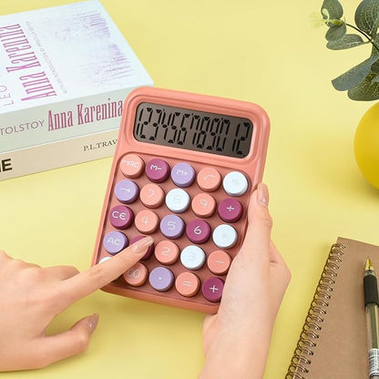 Desktop Mechanical Calculator, 12-Digit Large LCD Display Basic Standard Calculators with Cute Big Buttons, Office Accessories, School Supplies (Coffee)