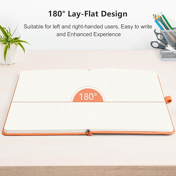 RETTACY Bullet Dotted Journal, A5 Dotted Notebook Journal with 192 Pages, 5.7'' × 8.3'', Medium Size, 100 GSM Thick Paper, Leather Hardcover, Bullet Journaling, Planning (Orange)