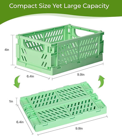 4-Pack Small Pastel Plastic Storage Baskets, Collapsible Crates for Organizing, Space-Saving Mini Bins for Classroom, Kitchen, Office, Bedroom (Green, 9.8" x 6.5" x 3.8")