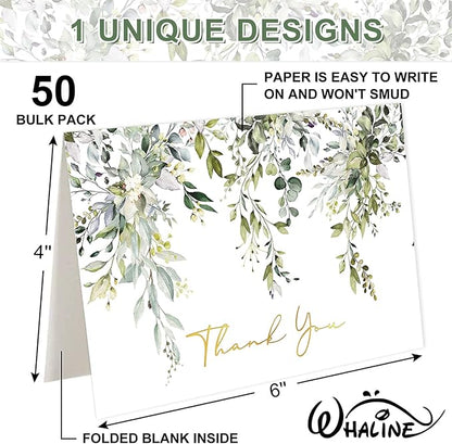 Whaline 50 Pack Greenery Thank You Cards Bulk Boxed Watercolor Eucalyptus Leaves Foil Gold Thank You Note Cards with Envelope Sticker for Thanksgiving Wedding