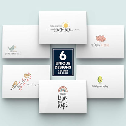 Dessie 30 Fun Thinking of You Cards With Envelopes. 30 4x6 Inch Note Cards With Envelopes Set - Blank Inside. 6 Unique Designs. Assorted Color Envelopes and Gold Seals. Sturdy Storage Box