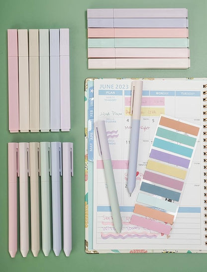 NiArt Bible Highlighters and Pens No Bleed, Morandi Colors 12 Highlighters + 8 Gel Pens + 200 Sticky Notes, Ergonomic Design with Fade-Resistant Soft-Toned Pastel Ink for Journaling