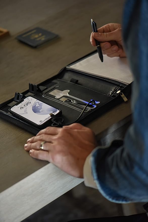 Phone Charging Business & Travel Portfolio w/Built-in Power Bank- Zipper Closure & Refillable Pad- Professional Organizer Padfolio That Charges Phones/Tablets on The Go (Black)