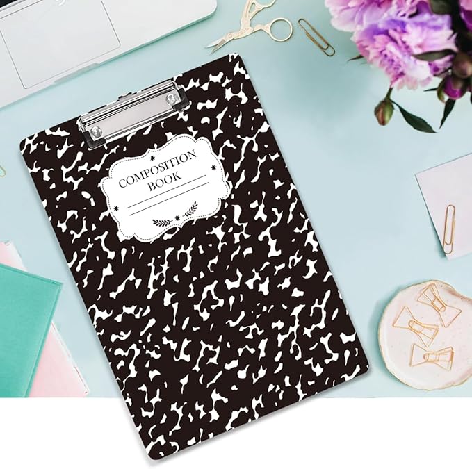 WAVEYU Fashion Cute Clipboard, Decorative Office School Hardboard Wood Nursing Clip Board for Standard A4 Letter Size for Students, Women, Men and Kids, 12.5"x 9", Black+White02