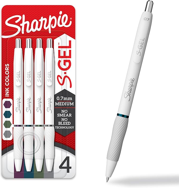 Sharpie S-Gel Pens, Fashion Barrel Gel Ink Pens, Pearl White Body, Medium Point Pens (0.7Mm), Writing Pens, Coloring Pens, Gel Pens For Journaling, Rich Dark Color Assortment, 4 Count