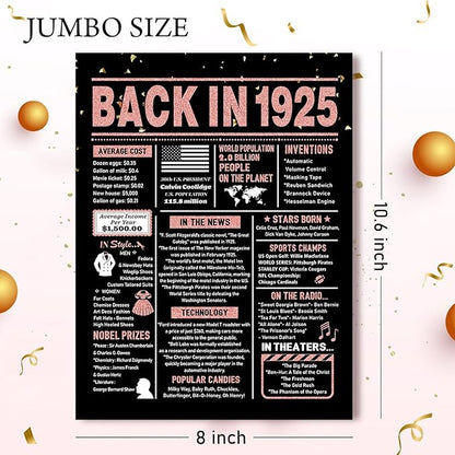 100th Birthday Card, 100th Birthday Decorations for Women, 100th Birthday Gifts for Grandma, Back in 1925 Birthday Card, Rose Gold