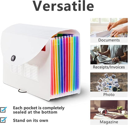 Sooez Accordion File Organizer, 12 Pockets Expanding File Folder, Portable Monthly Paper Bill Tax Receipt Organizer, Letter A4 Size Document Holder with Blank Labels, White