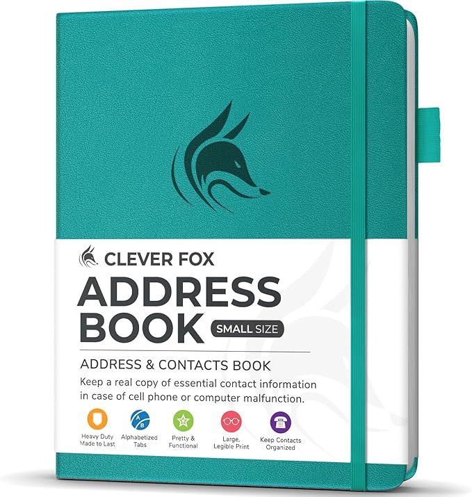 Clever Fox Address Book with alphabetic tabs - PU Leather Telephone and Address Book for Keeping Contacts Safe, Contact Organizer Journal, Small Size (4.0″ x 5.5″), Hardcover, Turquoise