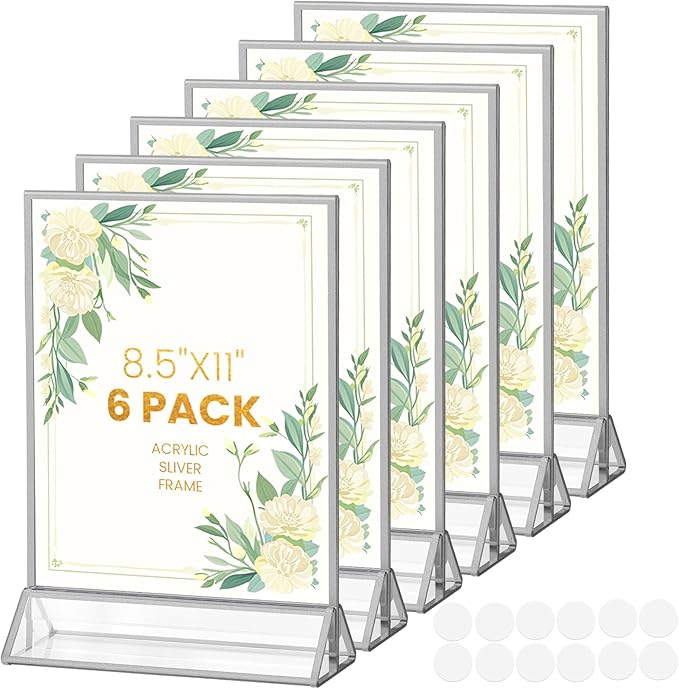8.5X11 Sliver Frames Acrylic Sign Holder Double-Sided Sliver Picture Frames for Menu Holder Wedding Table Number Holder Christmas Photo Frames with Removable Sticky Dots -6 Pack