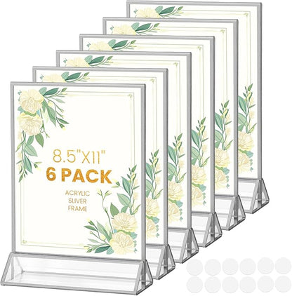 8.5X11 Sliver Frames Acrylic Sign Holder Double-Sided Sliver Picture Frames for Menu Holder Wedding Table Number Holder Christmas Photo Frames with Removable Sticky Dots -6 Pack