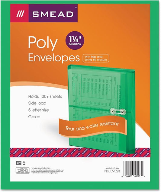 Smead Poly Envelope, 1-1/4" Expansion, String-Tie Closure, Side Load, Letter Size, Green, 5 per Pack (89523)