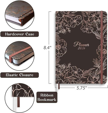 2026 Planner, 12 Month Weekly and Monthly Calendar 2026, Hardcover Daily Agenda Planners from Jan. to Dec, Habit Tracker Journal with Ribbon Bookmark 5.75" x 8.4"(Gold Flower)