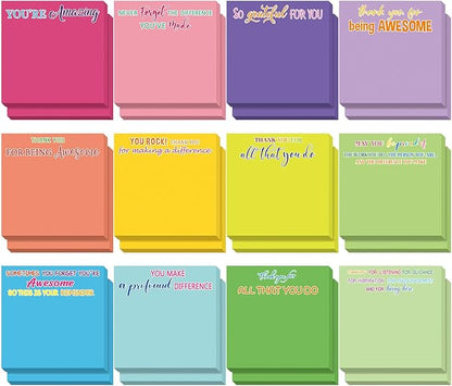 Yinder 24 Pcs Employee Appreciation Sticky Notes Thank You Gifts Bulk Note Pads with Sayings Teacher Gift Mini Pocket Inspirational Notepads for Coworker Office Supply 3 x 3''(Multicolor,Thanks)