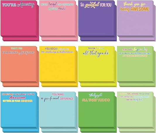 Yinder 24 Pcs Employee Appreciation Sticky Notes Thank You Gifts Bulk Note Pads with Sayings Teacher Gift Mini Pocket Inspirational Notepads for Coworker Office Supply 3 x 3''(Multicolor,Thanks)