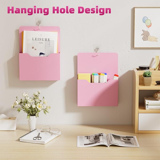 2 Pack Magnetic File Holder - Paper Holder, Pocket Organizer,Hanging Wall File Organizer Office Supplies Storage, Magazine Mail Organizer Case for Notebooks,Planners,Letter (Pink)