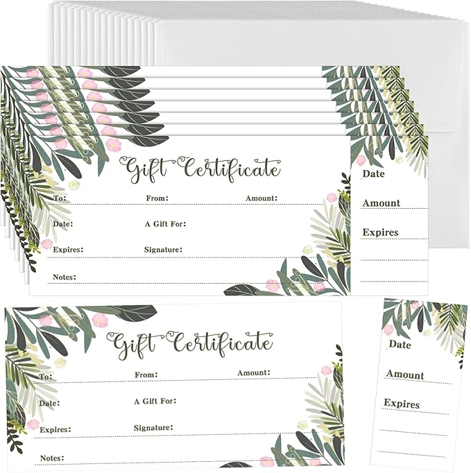 Sinmoe 50 Sets Gift Certificate for Business with 50 Pcs Envelopes Blank Gift Certificate Cards with Name and Address Rustic for Beauty Salon Restaurants Birthday(4.72 x 2.36 Inch, Leaf Style)