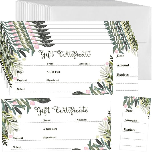 Sinmoe 50 Sets Gift Certificate for Business with 50 Pcs Envelopes Blank Gift Certificate Cards with Name and Address Rustic for Beauty Salon Restaurants Birthday(4.72 x 2.36 Inch, Leaf Style)