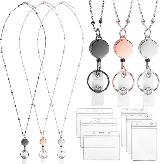 Lanyards for Id Badges 3 Pack Badge Lanyard with 6 Pcs Id Badge Holder Retractable Stainless Steel Teacher Lanyards Cruise Ship Lanyards for Girl Women (Black, Silver, Rose Gold)