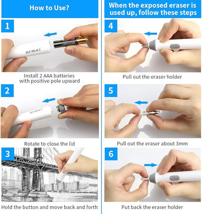 Electric Eraser, Electric Erasers for Artists with 140 Refills, Battery Operated Eraser, Electric Eraser Kit for Drawing, Art, Painting, Sketching, Drafting Pencils, Detailer Tool for Crafting-White